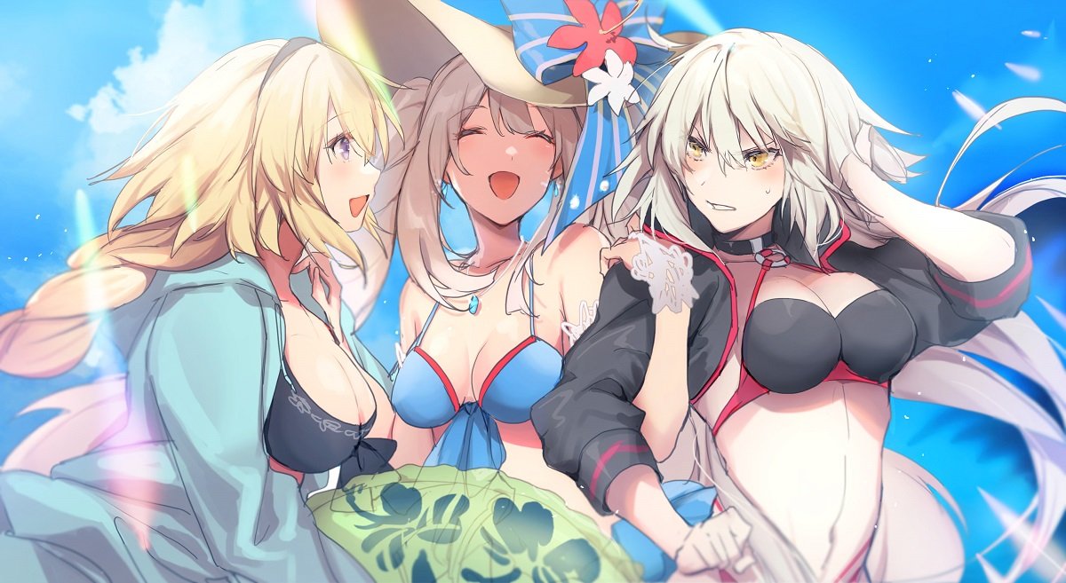 3girls :d adjusting_hair alternate_costume beach bikini black_bikini black_jacket blonde_hair blue_bikini blue_sky blue_sweater blush breasts cleavage closed_eyes collar collarbone commentary_request cropped_jacket fate/grand_order fate_(series) gem hairband hat holding_another's_arm jacket jeanne_d'arc_(fate) jeanne_d'arc_(fate)_(all) jewelry large_breasts long_hair looking_at_another marie_antoinette_(fate/grand_order) medium_breasts multiple_girls navel necklace no-kan open_mouth short_hair short_twintails silver_hair sky smile sun_hat sweatdrop sweater swimsuit twintails violet_eyes yellow_eyes