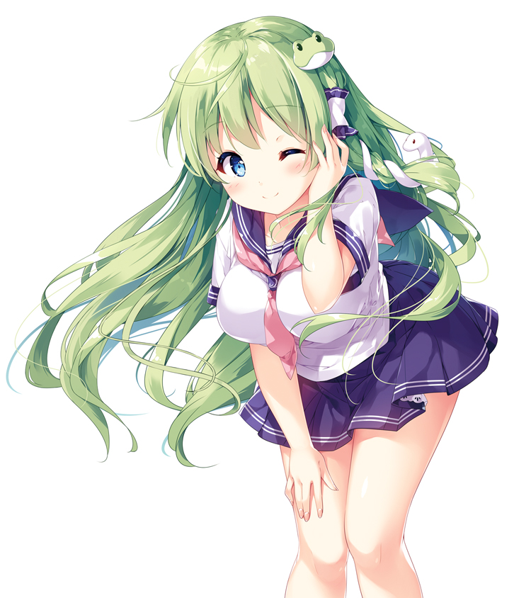 1girl ;) alternate_costume bangs blue_eyes blue_skirt blush breasts commentary_request eyebrows_visible_through_hair feet_out_of_frame frog_hair_ornament green_hair hair_ornament hair_tubes hand_up kochiya_sanae large_breasts leaning_forward long_hair looking_at_viewer miniskirt miyase_mahiro one_eye_closed pleated_skirt red_neckwear sailor_collar school_uniform serafuku short_sleeves simple_background skirt smile snake_hair_ornament solo standing thighs touhou white_background white_serafuku