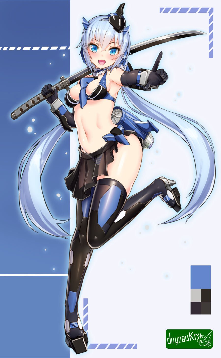 1girl :d adapted_costume armor bangs bare_shoulders between_breasts bikini_armor black_footwear black_gloves black_legwear black_skirt blue blue_background blue_choker blue_eyes blue_hair blue_panties blush breasts choker commentary_request crossed_bangs doyouwantto elbow_gloves eyebrows_visible_through_hair frame_arms_girl frilled_choker frills full_body gloves hair_between_eyes head_tilt headgear highres holding holding_sword holding_weapon index_finger_raised katana leg_up long_hair looking_at_viewer low_twintails medium_breasts navel open_mouth outstretched_arm over_shoulder panties pleated_skirt reaching_out see-through shiny shiny_hair shiny_skin sidelocks signature skirt smile solo standing standing_on_one_leg stomach striped striped_panties stylet sword sword_over_shoulder thigh-highs tsurime twintails underwear very_long_hair weapon weapon_over_shoulder white_panties