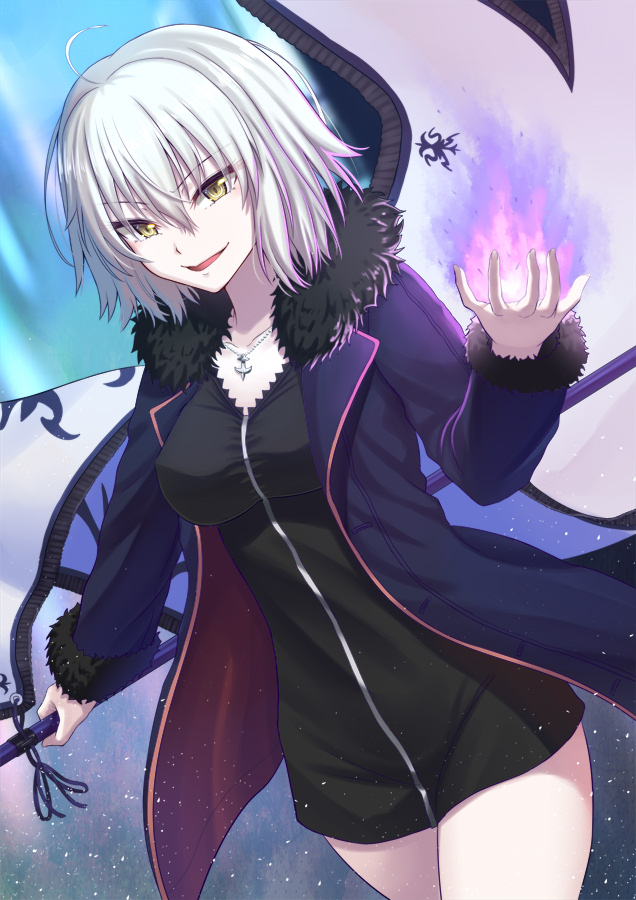 1girl :d ahoge banner black_dress blue_jacket breasts collarbone cowboy_shot dress erect_nipples eyebrows_visible_through_hair fate/grand_order fate_(series) fur_trim hair_between_eyes holding jacket jeanne_d'arc_(alter)_(fate) jeanne_d'arc_(fate)_(all) jewelry looking_at_viewer medium_breasts mizunashi_hayate necklace open_clothes open_jacket open_mouth short_dress short_hair silver_hair smile solo standing yellow_eyes