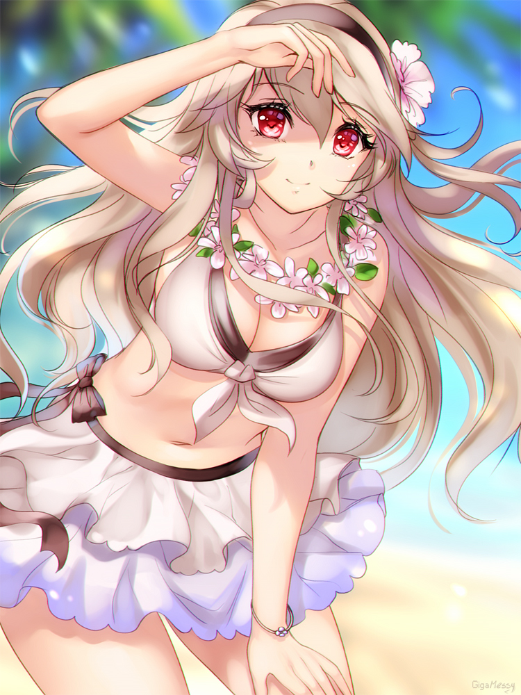 1girl bikini black_hairband black_ribbon blue_sky bracelet breasts cleavage closed_mouth day female_my_unit_(fire_emblem_if) fire_emblem fire_emblem_heroes fire_emblem_if flower gigamessy hair_flower hair_ornament hairband jewelry leaning_forward long_hair medium_breasts my_unit_(fire_emblem_if) red_eyes ribbon sky smile solo swimsuit white_bikini white_hair wreath