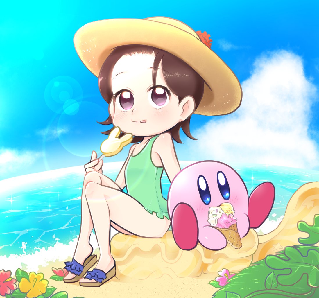 1girl adeleine beach blue_eyes blue_sky blush brown_eyes brown_hair clouds commentary_request eating eyebrows_visible_through_hair flower food forehead hat ice_cream kirby kirby_(series) lens_flare licking_lips neironyshino ocean popsicle sand sandals short_hair sky sparkle sun_hat swimsuit tongue tongue_out