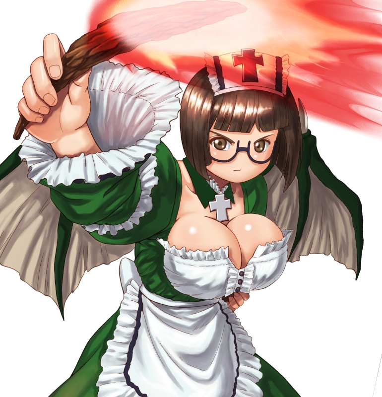 1girl :| apron bad_anatomy black-framed_eyewear breasts brown_eyes brown_hair cave cleavage closed_mouth cross cross_necklace deathsmiles fire follett_(deathsmiles) jewelry large_breasts long_sleeves looking_at_viewer necklace shinonome_(game_hakkutsu_tai) simple_background solo standing torch white_background wings