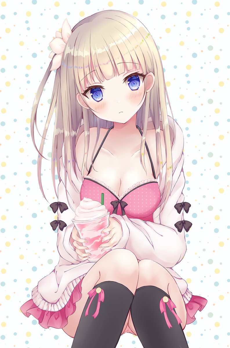 1girl bangs black_bow black_legwear blue_eyes blunt_bangs blush bow breasts cleavage closed_mouth commentary_request cup disposable_cup dress drinking_straw eyebrows_visible_through_hair flower hair_flower hair_ornament halterneck head_tilt highres holding hood hood_down hooded_jacket jacket kiyui_(honey_citron) kneehighs light_brown_hair long_hair long_sleeves looking_at_viewer medium_breasts multicolored multicolored_polka_dots off_shoulder open_clothes open_jacket original pink_bow pink_dress polka_dot polka_dot_background polka_dot_dress sitting solo white_background white_flower white_jacket