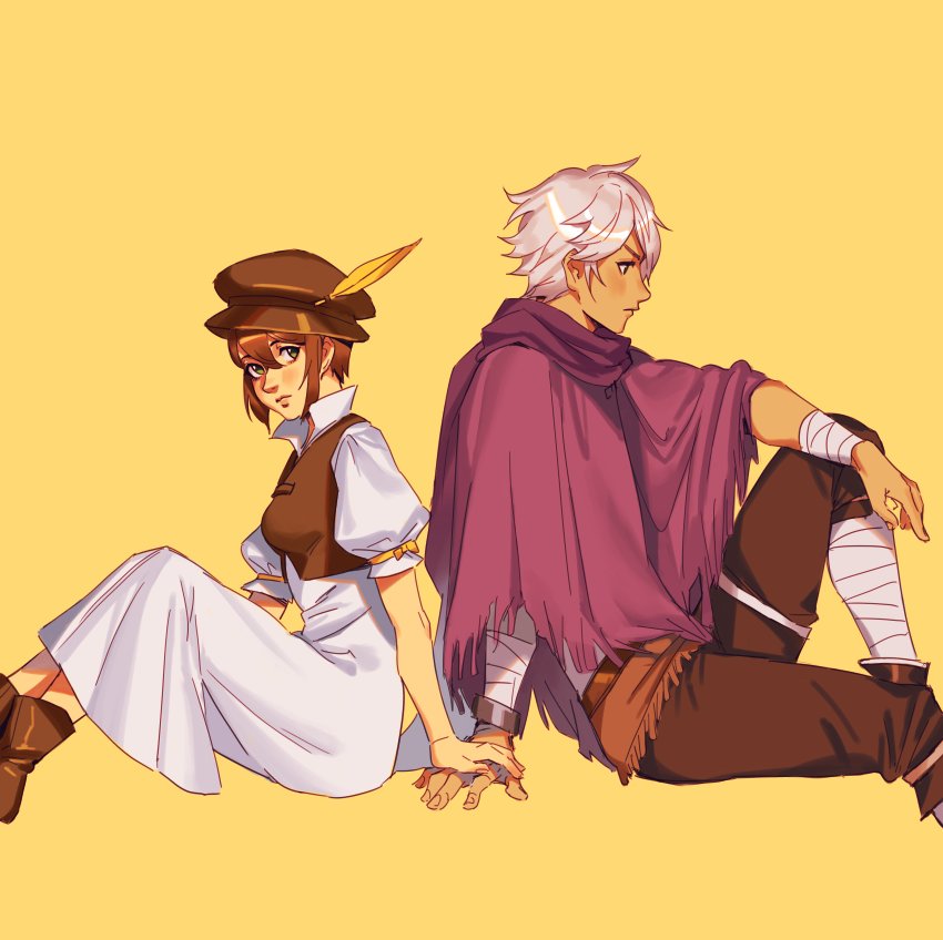 1boy 1girl bag brown_hair cape couple dark_skin dress gloves green_eyes hair_over_one_eye hat mella octopath_traveler open_mouth scarf short_hair simple_background smile therion_(octopath_traveler) tressa_(octopath_traveler) white_hair