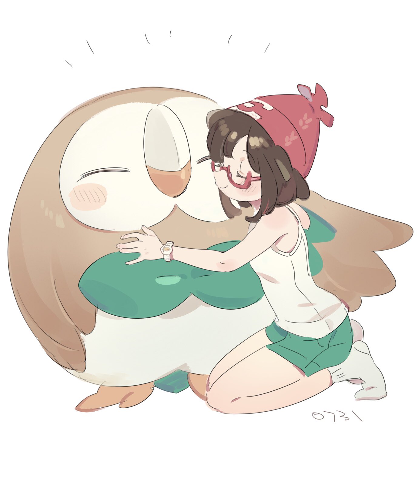 1girl beanie black_hair closed_eyes closed_mouth from_side gen_7_pokemon glasses green_shorts hat highres hug iovebly mizuki_(pokemon) pokemon pokemon_(creature) pokemon_(game) pokemon_sm red_hat rowlet shirt short_hair shorts simple_background sleeveless sleeveless_shirt smile socks white_background white_legwear z-ring