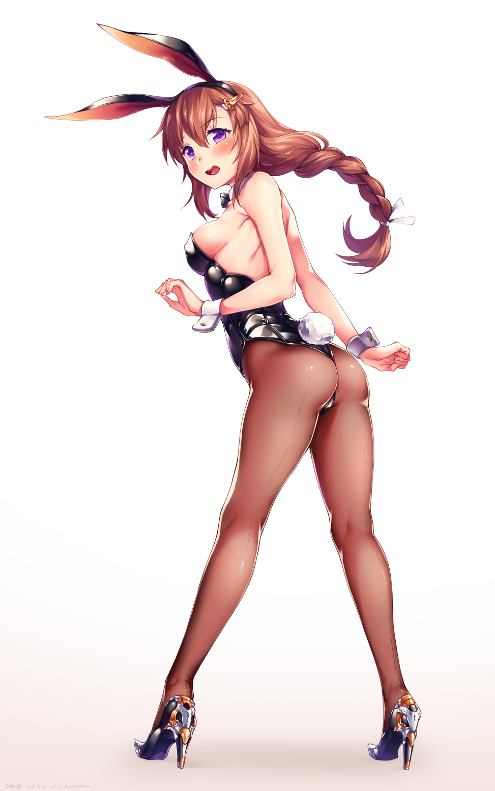 1girl animal_ears ass black_leotard blush braid breasts brown_hair bunny_tail bunnysuit eyebrows_visible_through_hair fake_animal_ears from_behind full_body high_heels highres leotard long_hair looking_at_viewer medium_breasts open_mouth original pantyhose rabbit_ears solo standing strapless strapless_leotard tail tsuki_tokage violet_eyes white_background wrist_cuffs