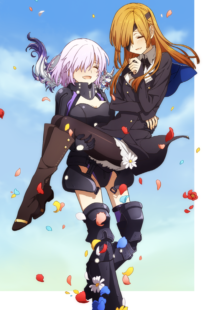 2girls armored_boots black_gloves black_legwear blue_sky boots breasts brown_hair carrying cleavage closed_eyes clouds commentary eyepatch fate/grand_order fate_(series) flower fou_(fate/grand_order) gloves hair_over_one_eye long_hair long_sleeves mash_kyrielight medium_hair multiple_girls oiun open_mouth ophelia_phamrsolone pantyhose petals pink_hair princess_carry red_flower sky sleeves_past_wrists smile thigh-highs thigh_boots white_flower yuri