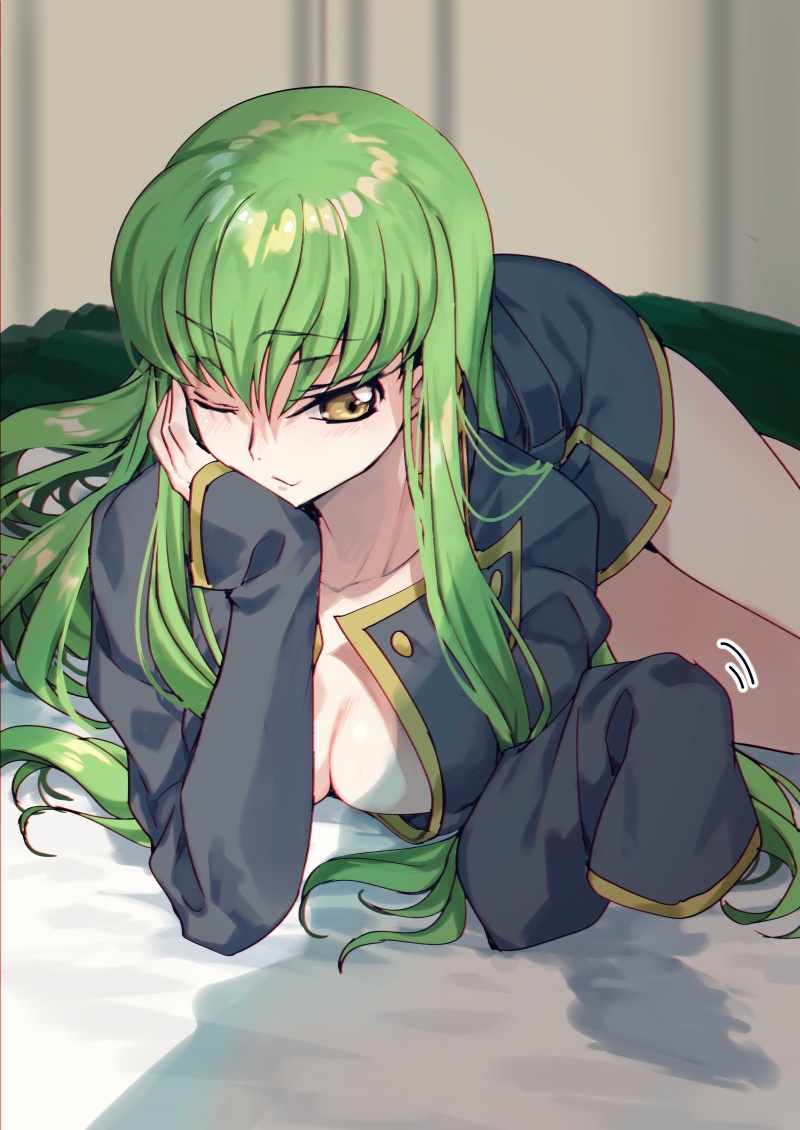 1girl arm_support bangs bed breasts c.c. closed_mouth code_geass creayus eyebrows_visible_through_hair green_hair hand_on_head indoors jacket long_hair long_sleeves looking_at_viewer lying medium_breasts motion_lines on_bed one_eye_closed open_clothes open_jacket school_uniform sidelocks yellow_eyes