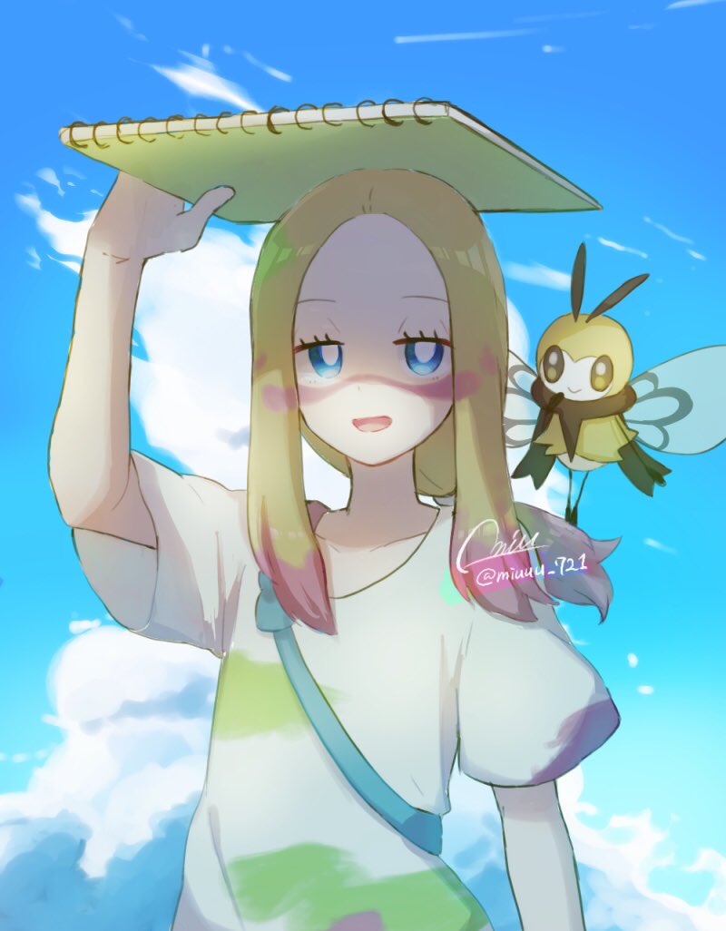 1girl arm_up blonde_hair blue_eyes blue_sky clouds day facepaint gen_7_pokemon holding long_hair matsurika_(pokemon) miu_(miuuu_721) open_mouth paint pokemon pokemon_(creature) pokemon_(game) pokemon_sm ribombee short_sleeves signature sketchbook sky trial_captain twitter_username