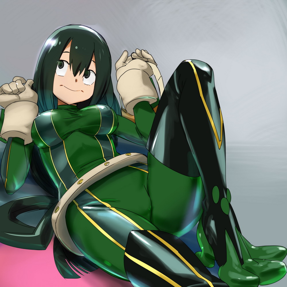 1girl asui_tsuyu bangs black_eyes black_footwear black_hair bodysuit boku_no_hero_academia boots breasts brown_gloves closed_mouth commentary covered_nipples frog_girl gloves goggles goggles_removed green_bodysuit grey_background hair_between_eyes hand_up head_tilt holding knee_up long_hair long_sleeves looking_away looking_up low-tied_long_hair lying medium_breasts on_back ontaros shiny shiny_hair solo straight_hair taut_clothes thigh-highs thigh_boots very_long_hair