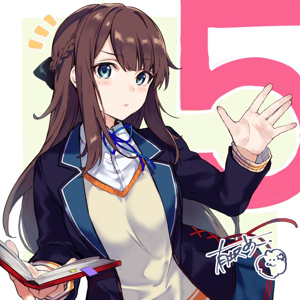 1girl arisaka_ako bangs beige_sweater blue_neckwear blue_ribbon book jacket lack_girl looking_at_viewer neck_ribbon numbered open_clothes open_jacket open_palms parted_bangs ribbon ritsu_(lack_girl) signature
