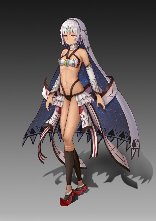 1girl altera_(fate) bangs bare_shoulders black_background black_legwear black_nails black_panties breasts closed_mouth commentary_request dark_skin detached_sleeves fate/extella fate/extra fate_(series) full_body full_body_tattoo gradient gradient_background grey_background grey_hair halter_top halterneck hokori_sakuni leg_tattoo leg_warmers looking_at_viewer nail_polish navel panties red_eyes shadow short_hair showgirl_skirt skirt small_breasts smile solo standing stomach stomach_tattoo tattoo underwear white_bandeau white_skirt