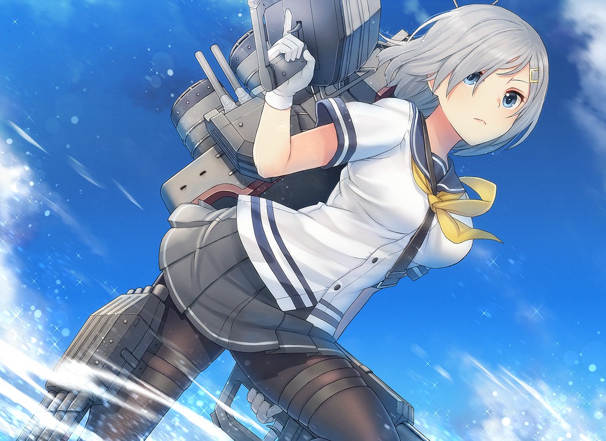 1girl black_legwear blue_eyes breasts eyes_visible_through_hair gloves hair_ornament hair_over_one_eye hairclip hamakaze_(kantai_collection) itou_(onsoku_tassha) kantai_collection large_breasts machinery neckerchief pantyhose pleated_skirt school_uniform serafuku short_hair short_sleeves silver_hair skirt torn_clothes torn_pantyhose torpedo torpedo_launcher turret white_gloves yellow_neckwear