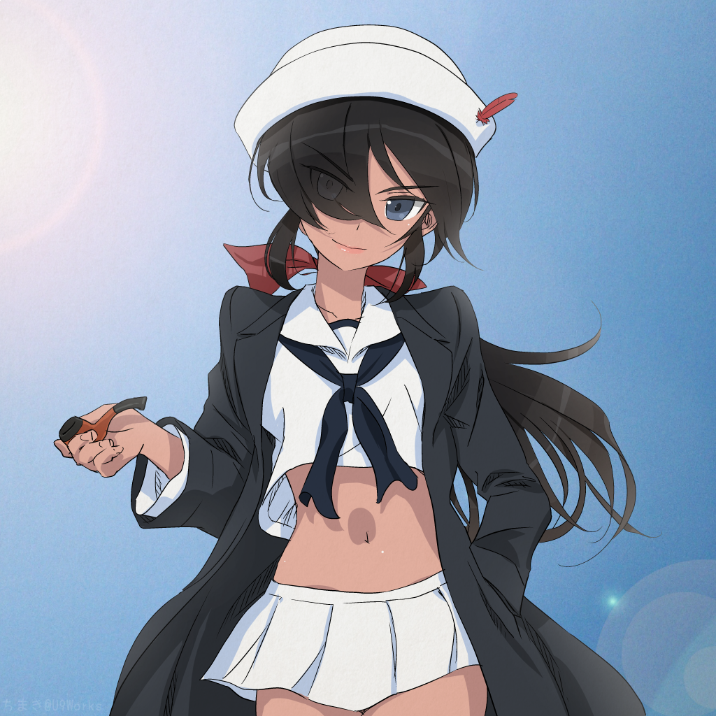 1girl akagi_(fmttps) bangs black_coat black_eyes black_hair black_neckwear blouse bow closed_mouth coat commentary cowboy_shot dark_skin dixie_cup_hat eyebrows_visible_through_hair eyes_visible_through_hair girls_und_panzer hair_bow hair_over_one_eye hand_in_pocket hat hat_feather head_tilt holding lens_flare long_hair long_sleeves looking_at_viewer midriff military_hat miniskirt navel neckerchief ogin_(girls_und_panzer) ooarai_naval_school_uniform open_clothes open_coat pipe pleated_skirt ponytail red_bow sailor sailor_collar school_uniform skirt smile solo standing white_blouse white_hat white_skirt