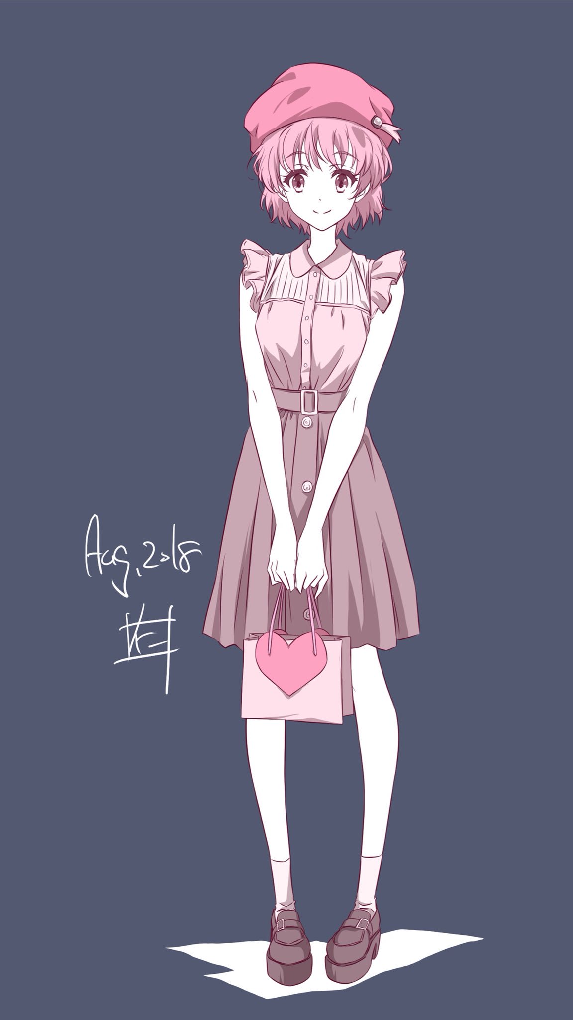 1girl 2018 bag belt brown_footwear brown_skirt dress_shirt eyebrows_visible_through_hair full_body grey_background hat highres holding holding_bag loafers looking_at_viewer nii_manabu original pink_eyes pink_hair pink_hat pink_shirt pleated_skirt shirt shoes short_hair signature simple_background skirt sleeveless sleeveless_shirt smile socks solo standing white_legwear