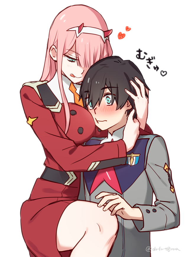 1boy 1girl bangs black_hair blue_eyes blush breasts commentary_request couple darling_in_the_franxx green_eyes hair_ornament hairband hand_on_another's_head hand_on_another's_neck heart hetero hiro_(darling_in_the_franxx) horns hug leg_up lipstick long_hair looking_at_viewer makeup medium_breasts oni_horns pink_hair red_horns short_hair signature thighs toma_(norishio) tongue tongue_out white_hairband zero_two_(darling_in_the_franxx)
