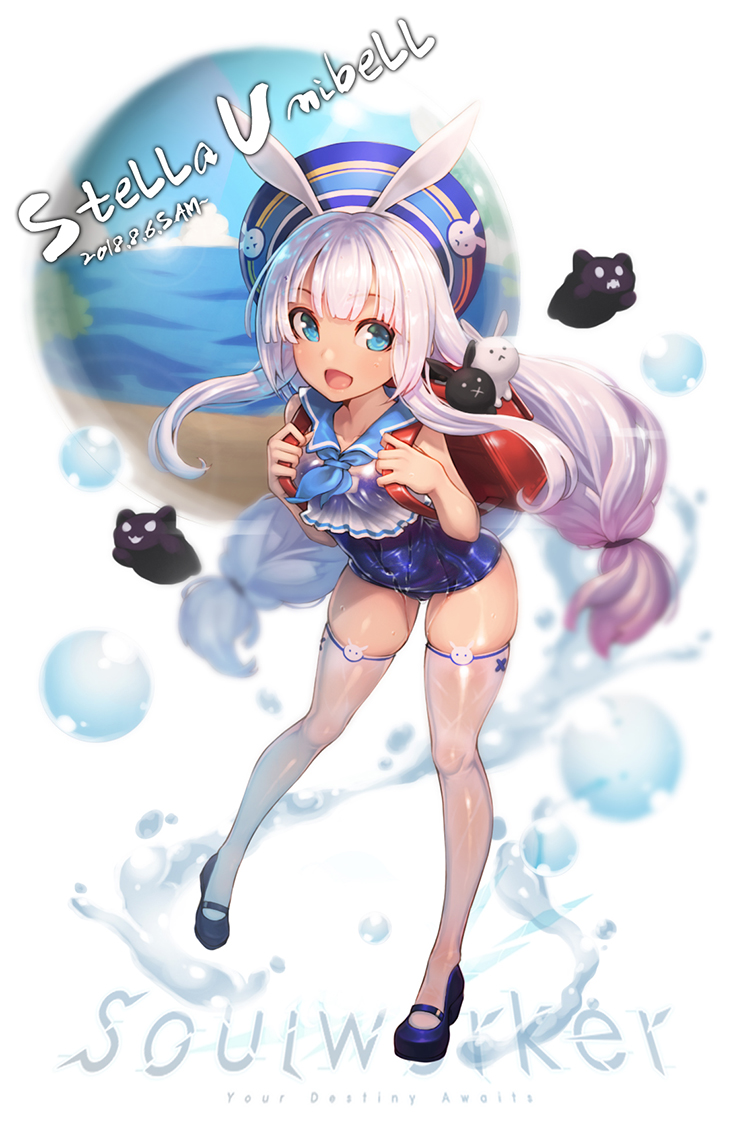 1girl animal_ears backpack bag blue_eyes covered_navel crop_top ecell full_body hat leaning_forward long_hair low-tied_long_hair mary_janes one-piece_swimsuit open_mouth rabbit_ears randoseru school_swimsuit school_uniform see-through serafuku shirt shoes silver_hair sleeveless sleeveless_shirt smile solo soul_worker stella_unibell swimsuit thigh-highs twintails wet wet_clothes wet_shirt wet_thighhighs white_legwear white_shirt