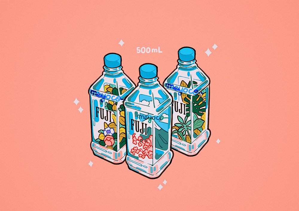 artist_name bottle brand_name_imitation flower leaf meyoco mount_fuji mountain no_humans original pink_background pink_flower simple_background sparkle water water_bottle white_flower