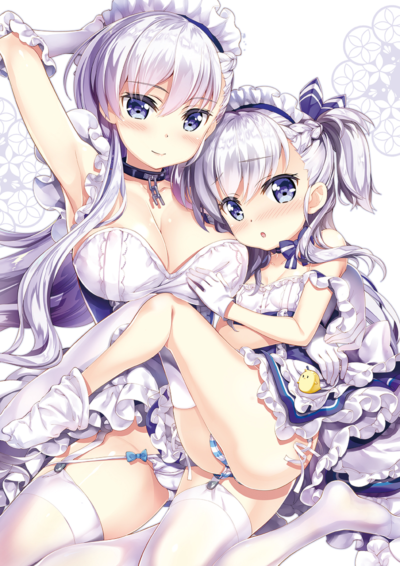 2girls :o animal apron arm_up armpits asymmetrical_legwear azur_lane bangs bare_shoulders belchan_(azur_lane) belfast_(azur_lane) bird blue_dress blue_eyes blush braid breasts chick cleavage closed_mouth collarbone commentary_request dress elbow_gloves eyebrows_visible_through_hair frilled_apron frilled_dress frills fujima_takuya gloves hair_between_eyes large_breasts long_hair looking_at_viewer maid maid_headdress multiple_girls nose_blush one_side_up panties parted_lips silver_hair sleeveless sleeveless_dress smile striped striped_panties thigh-highs thighhighs_pull underwear very_long_hair waist_apron white_apron white_background white_gloves white_legwear white_panties