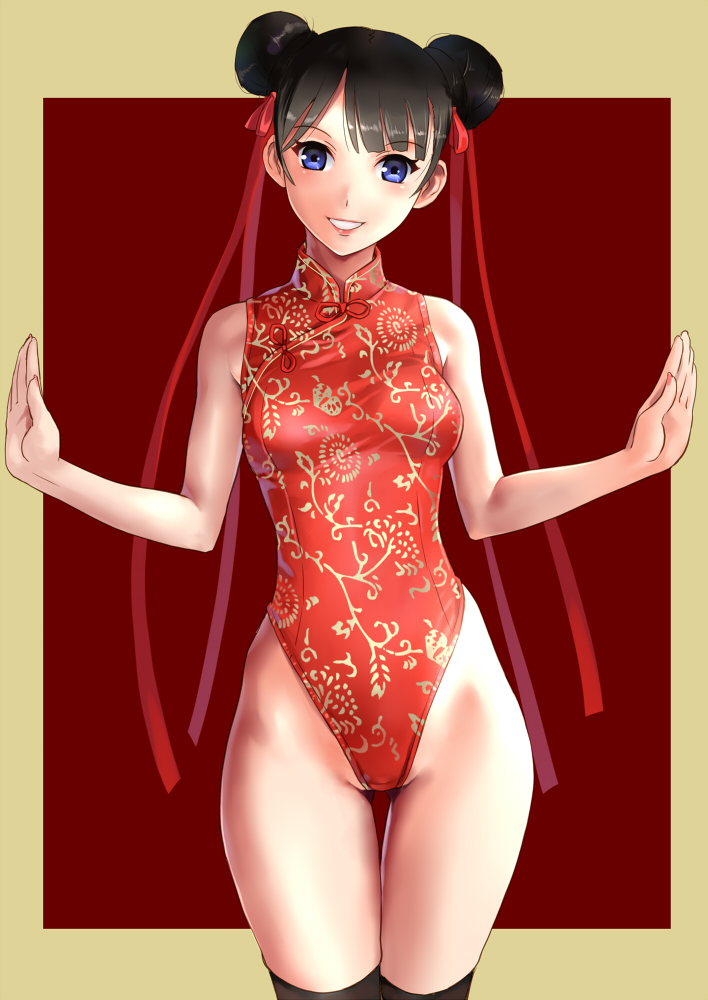 1girl black_hair blue_eyes chinese_clothes cowboy_shot derivative_work double_bun highleg highleg_leotard katahira_masashi leotard looking_at_viewer original parted_lips red_leotard smile solo