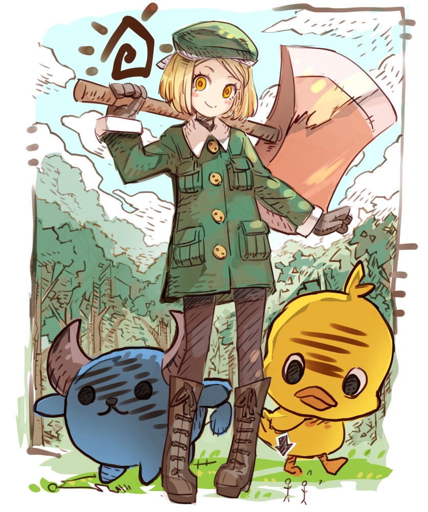 1girl axe babe_(fate) beret bird blonde_hair blue_sky blush blush_stickers boots brown_footwear brown_gloves brown_legwear closed_mouth clouds cloudy_sky collared_jacket commentary_request cross-laced_footwear day directional_arrow fate/grand_order fate_(series) forest giantess gloves green_hat green_jacket haku_(sabosoda) hand_up hat head_tilt holding holding_axe horns jacket knee_boots lace-up_boots long_sleeves nature orange_eyes outdoors pantyhose paul_bunyan_(fate/grand_order) sky smile standing tree