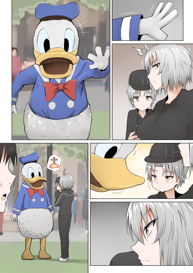 1boy 1girl ahoge animal_costume blush breasts burning_at_the_stake comic disney disneyland donald_duck faceless faceless_male fate/grand_order fate_(series) father_and_son flying_sweatdrops fujimaru_ritsuka_(male) ginhaha hat jeanne_d'arc_(alter)_(fate) jeanne_d'arc_(fate)_(all) large_breasts mother_and_son pale_skin short_hair silent_comic silver_hair surprised sweatdrop yellow_eyes