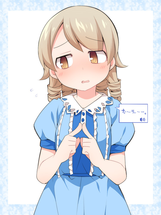 1girl blue_dress blush brown_eyes dress fingers_together flying_sweatdrops hands_up head_tilt idolmaster idolmaster_cinderella_girls light_brown_hair long_hair looking_away looking_to_the_side morikubo_nono nose_blush parted_lips puffy_short_sleeves puffy_sleeves ringlets short_sleeves solo translated ushi