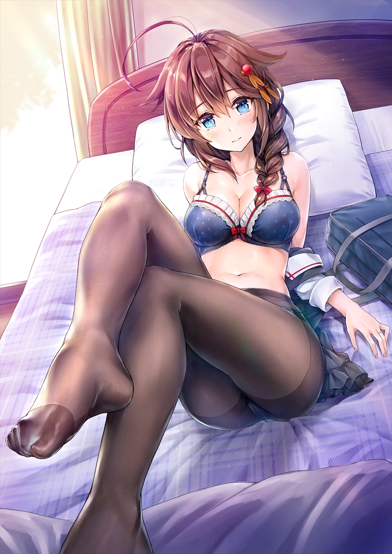 1girl ahoge ass bag bangs black_legwear blue_bra blue_eyes blush bra braid breasts brown_hair cleavage closed_mouth collarbone crotch_seam curtains evening eyebrows_visible_through_hair feet hair_flaps hair_ornament head_tilt indoors kantai_collection kotatsu_(kotatsu358) large_breasts legs_crossed light_particles long_hair looking_at_viewer lying navel no_shoes off_shoulder on_back on_bed panties panties_under_pantyhose pantyhose pillow remodel_(kantai_collection) shigure_(kantai_collection) sidelocks smile solo stomach thighband_pantyhose toes underwear white_panties window