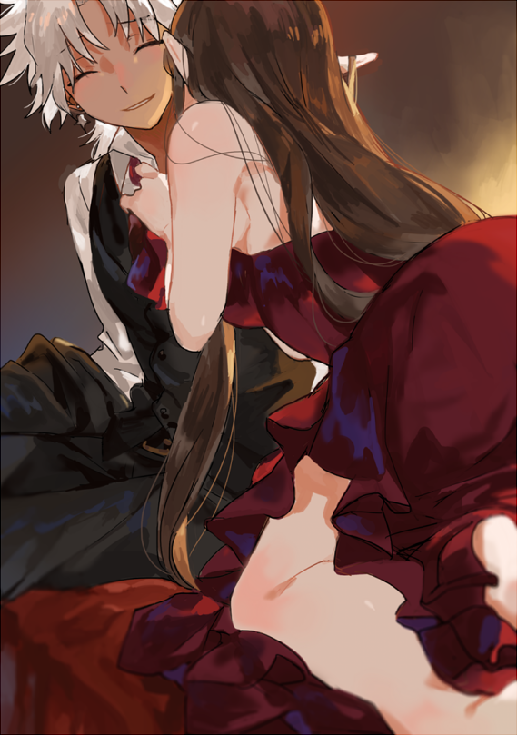 1boy 1girl amakusa_shirou_(fate) brown_hair closed_eyes dark_skin dress earrigns fate/apocrypha fate_(series) jacket jacket_removed long_hair pointy_ears red_dress semiramis_(fate) very_long_hair vest white_hair yinghuo