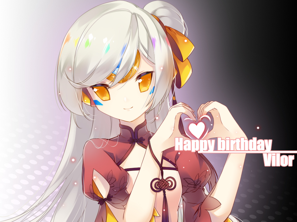 1girl elsword eve_(elsword) facial_mark forehead_jewel hair_bun hair_ribbon happy_birthday heart heart_hands long_hair ribbon silver_hair smile traditional_clothes vilor