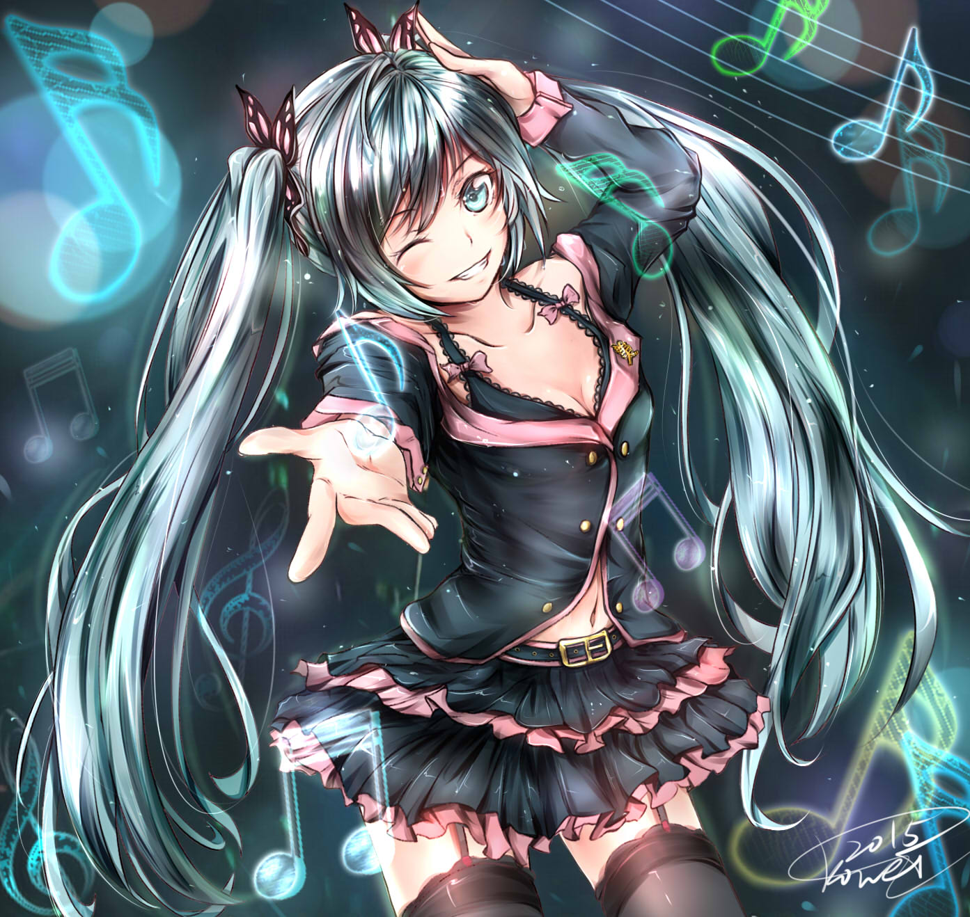 2015 ;d belt black_bra black_skirt blue_eyes blue_hair bow bra breasts butterfly_hair_ornament cleavage collarbone cowboy_shot eyebrows_visible_through_hair floating_hair garter_straps grey_legwear grin hair_between_eyes hair_ornament hand_on_head hatsune_miku highres ko-wei layered_skirt lens_flare long_hair looking_at_viewer medium_breasts midriff miniskirt musical_note navel one_eye_closed open_mouth outstretched_arm pink_bow signature skirt smile staff_(music) stomach thigh-highs twintails underwear very_long_hair vocaloid