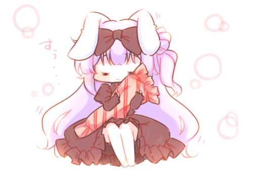 1girl :&lt; =_= animal_ears azur_lane bangs barefoot black_bow black_dress bow chibi closed_eyes closed_mouth dress eyebrows_visible_through_hair facing_viewer hair_bow hair_bun juliet_sleeves kemonomimi_mode long_hair long_sleeves lowres object_hug puffy_sleeves purple_hair rabbit_ears sakurato_ototo_shizuku side_bun sitting solo translated unicorn_(azur_lane) very_long_hair