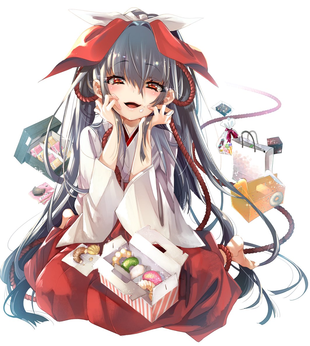 1girl bag barefoot black_hair blush box candy doughnut food food_on_face french_cruller hair_ribbon hands_on_own_cheeks hands_on_own_face japanese_clothes kamizuki_shiki long_hair looking_at_viewer macaron miko open_mouth original red_eyes ribbon rope shimenawa shopping_bag sitting skirt smile solo sparkle very_long_hair wariza wide_sleeves