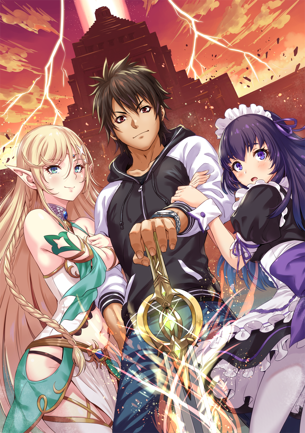 1boy 2girls black_hair blonde_hair blue_eyes braid breasts brown_eyes brown_hair building closed_mouth cover cover_page ears_visible_through_hair eyebrows_visible_through_hair fingernails hair_between_eyes highres holding holding_sword holding_weapon lightning lightning_bolt long_hair long_sleeves multiple_girls novel_cover novel_illustration official_art open_mouth original pointy_ears sakiyamama short_hair short_sleeves smile sword watch weapon