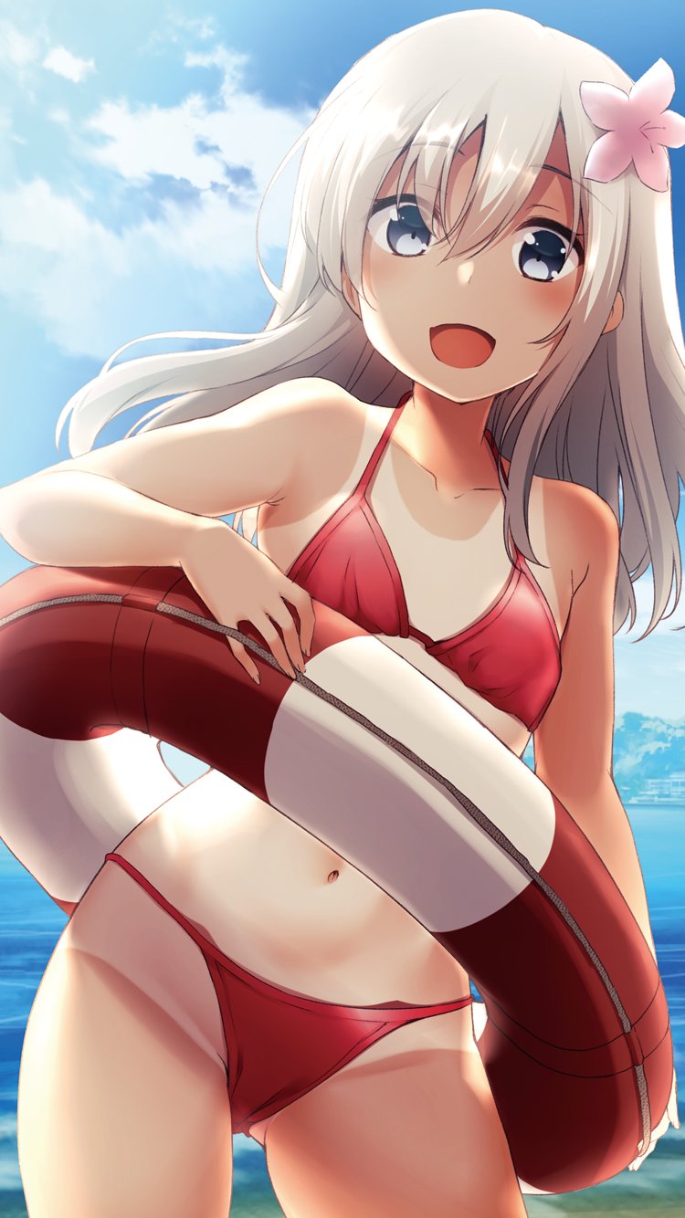 1girl alternate_costume ass_visible_through_thighs bangs beach bikini blue_eyes blue_sky blush clouds cowboy_shot eyebrows_visible_through_hair flower hair_between_eyes hair_flower hair_ornament highres holding kantai_collection lifebuoy long_hair looking_at_viewer nagami_yuu navel ocean one-piece_tan open_mouth outdoors red_bikini ro-500_(kantai_collection) sky smile solo standing string_bikini sunlight swimsuit tan tanline thighs water white_hair