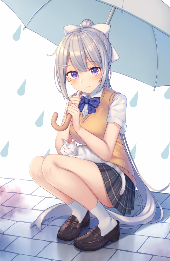 1girl :3 animal bangs black_skirt blue_bow blue_neckwear blush bow bowtie breasts brick_floor brown_footwear cat closed_mouth eyebrows_visible_through_hair full_body grey_hair hair_bow hair_ornament hairclip high_ponytail higuchi_kaede holding holding_umbrella kawami_nami kneehighs loafers long_hair looking_at_viewer medium_breasts miniskirt nijisanji on_lap plaid plaid_skirt pleated_skirt shiny shiny_hair shirt shoes short_sleeves simple_background skirt smile solo squatting sweater_vest umbrella very_long_hair violet_eyes virtual_youtuber water_drop white_background white_bow white_cat white_legwear white_shirt