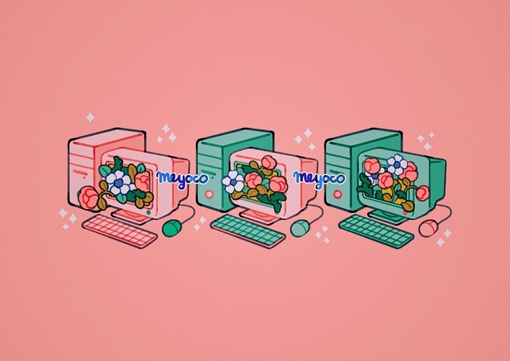 artist_name computer flower keyboard_(computer) meyoco monitor mouse_(computer) no_humans original pink_background pink_flower simple_background sparkle white_flower