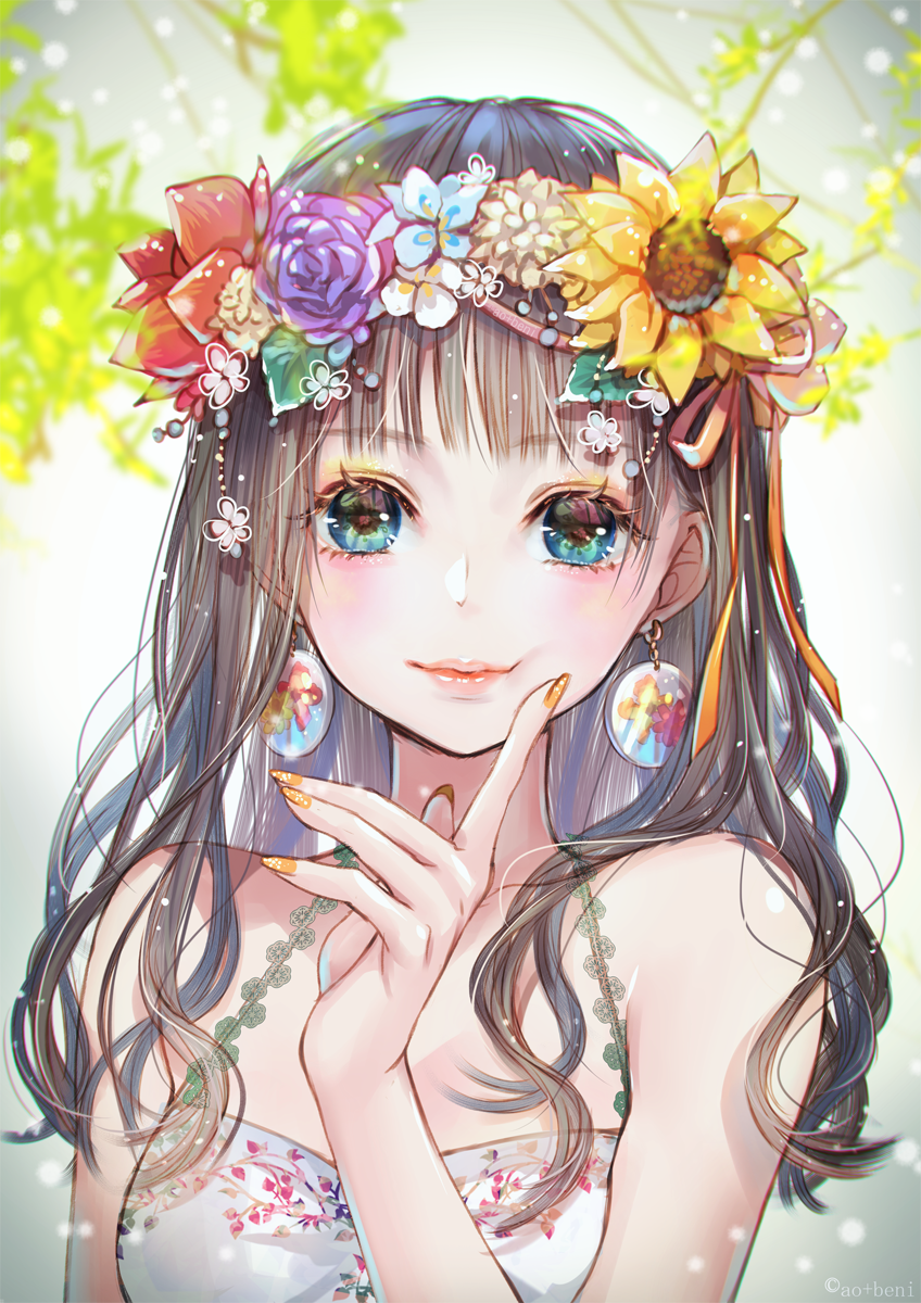 1girl ao+beni artist_name bangs bare_shoulders blue_eyes blue_flower blurry branch brown_hair closed_mouth collarbone commentary_request depth_of_field dress earrings eyebrows_visible_through_hair eyeshadow finger_to_cheek floral_print flower gradient gradient_background grey_background hair_ribbon hand_up head_wreath highres index_finger_raised jewelry lips lipstick long_hair looking_at_viewer makeup nail_polish orange_nails orange_ribbon original pink_lipstick pink_ribbon print_dress purple_flower purple_rose red_flower reflective_eyes ribbon rose sleeveless sleeveless_dress smile solo sunflower upper_body white_dress white_flower yellow_flower