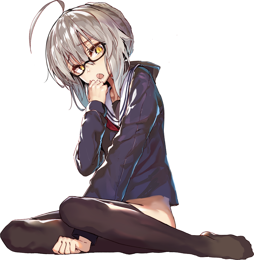 1girl ahoge akieda artoria_pendragon_(all) between_legs black-framed_eyewear black_legwear blonde_hair braid commentary_request eyebrows_visible_through_hair fate/grand_order fate_(series) french_braid full_body glasses hair_between_eyes hand_between_legs hand_to_own_mouth looking_at_viewer mysterious_heroine_x_(alter) no_pants no_shoes open_mouth ribbon school_uniform semi-rimless_eyewear serafuku short_hair simple_background sitting smile solo thigh-highs under-rim_eyewear white_background yellow_eyes