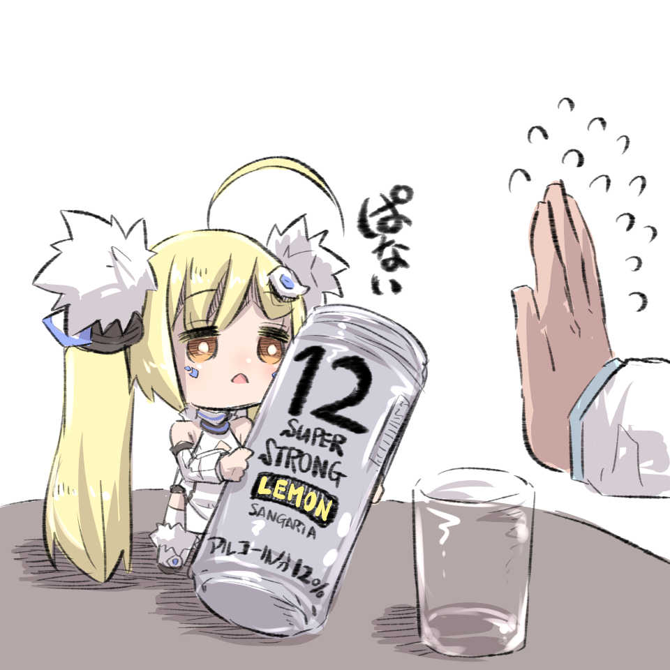 1girl ahoge alcohol azur_lane bangs bare_shoulders blonde_hair brown_eyes can chibi commentary_request cup detached_sleeves dress drinking_glass eldridge_(azur_lane) eyebrows_visible_through_hair flying_sweatdrops fur_trim hair_ornament hairclip holding holding_can long_hair long_sleeves minigirl out_of_frame puffy_long_sleeves puffy_sleeves simple_background sleeveless sleeveless_dress solo_focus standing table thigh-highs translated twintails u-non_(annon'an) very_long_hair white_background white_dress white_footwear white_legwear