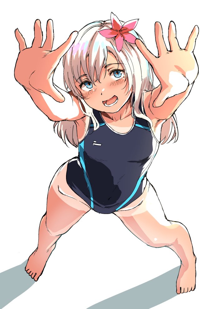 1girl armpits arms_up bangs blue_eyes blush competition_swimsuit covered_navel eyebrows_visible_through_hair flower full_body hair_between_eyes hair_flower hair_ornament kantai_collection legs long_hair looking_at_viewer one-piece_swimsuit one-piece_tan open_mouth ro-500_(kantai_collection) satsuki_neko simple_background smile solo standing swimsuit tan tanline thighs white_background white_hair