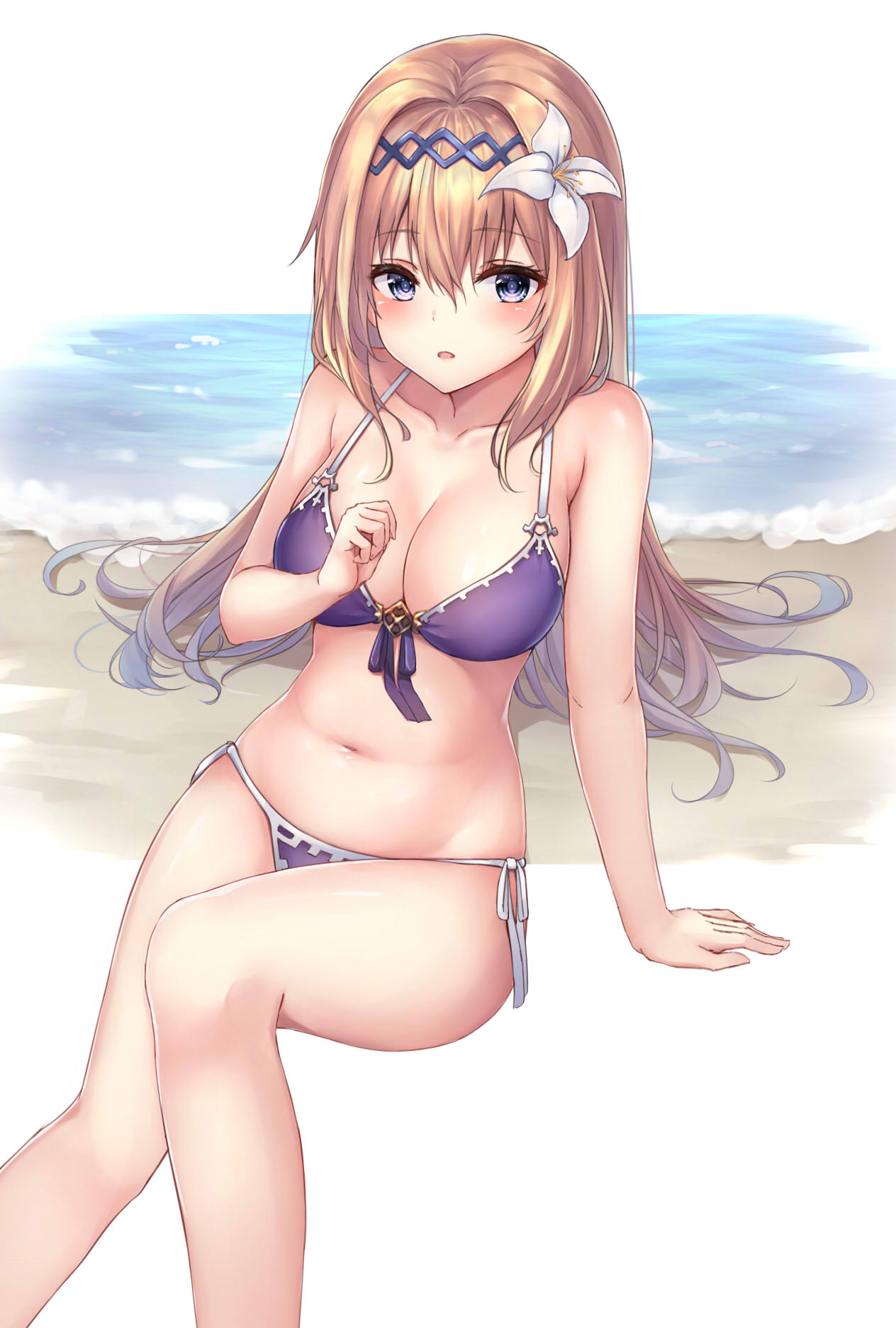 1girl arm_support bangs bare_arms bare_shoulders beach bikini blue_eyes blush breasts cleavage collarbone commentary_request eyebrows_visible_through_hair flower front-tie_bikini front-tie_top granblue_fantasy hair_between_eyes hair_flower hair_ornament highres jeanne_d'arc_(granblue_fantasy) light_brown_hair long_hair looking_at_viewer medium_breasts navel parted_lips purple_bikini sand side-tie_bikini sitting solo swimsuit very_long_hair water white_background white_flower ym_(distance819)