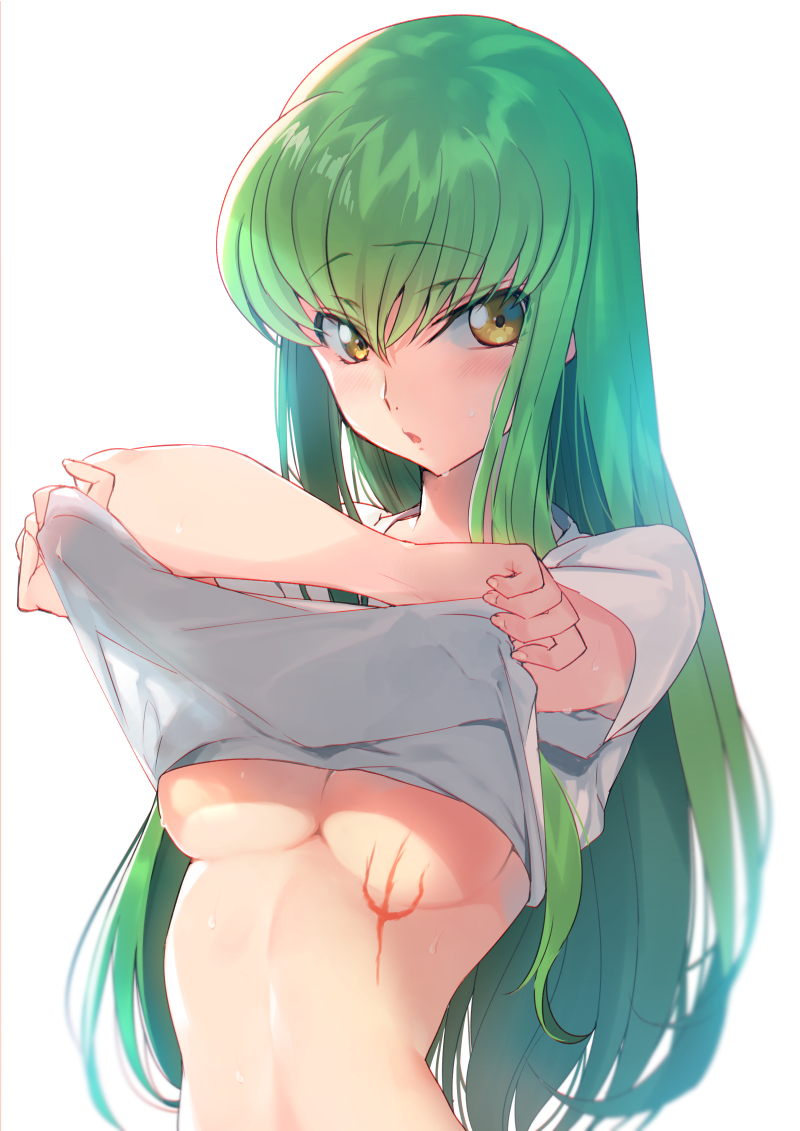 1girl breasts brown_eyes c.c. cleavage code_geass commentary_request creayus eyebrows_visible_through_hair green_hair hair_between_eyes lifted_by_self long_hair looking_at_viewer medium_breasts no_bra parted_lips pinky_out scar shirt_lift sidelocks simple_background solo sweat under_boob undressing upper_body white_background