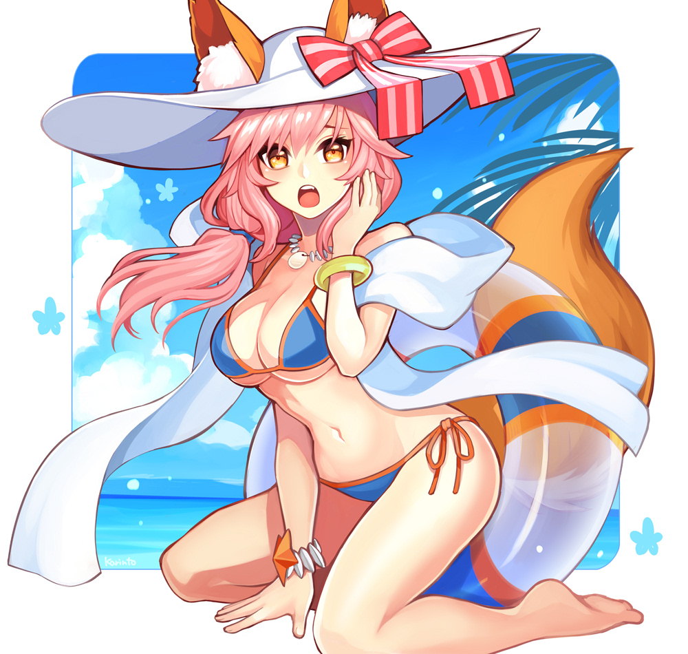 1girl animal_ear_fluff animal_ears bikini blue_bikini breasts cleavage collarbone day ears_through_headwear fate/grand_order fate_(series) fox_ears fox_tail groin hat innertube kari_(hotaru_kago) kneeling large_breasts navel ocean open_mouth outdoors pink_hair side-tie_bikini sitting solo sun_hat swimsuit tail tamamo_(fate)_(all) tamamo_no_mae_(swimsuit_lancer)_(fate) yellow_eyes