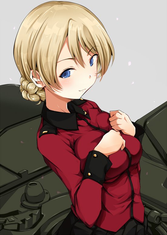1girl bangs blonde_hair blue_eyes blush braid clenched_hands closed_mouth commentary_request darjeeling epaulettes eyebrows_visible_through_hair girls_und_panzer grey_background half-closed_eyes hanchou_(shirokun555) jacket long_hair long_sleeves looking_at_viewer military military_uniform petals red_jacket short_hair smile st._gloriana's_military_uniform standing tank_cupola tied_hair twin_braids uniform upper_body