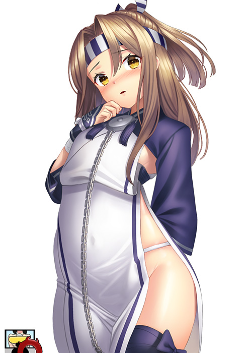 1girl ainu_clothes bad_anatomy blue_jacket blush brown_eyes chains commentary_request cosplay cropped_jacket dress enemy_lifebuoy_(kantai_collection) groin hachimaki headband high_ponytail jacket kamoi_(kantai_collection) kamoi_(kantai_collection)_(cosplay) kantai_collection kyon_(fuuran) light_brown_hair long_hair parted_lips shinkaisei-kan simple_background sleeveless sleeveless_dress solo white_background white_dress zuihou_(kantai_collection)