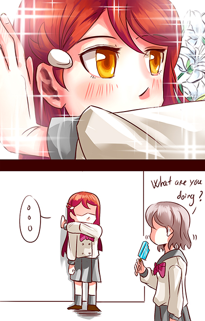 ... 2girls 2koma blush brown_hair comedy comic dha315 eating english flower food holding holding_food lily_(flower) long_hair love_live! love_live!_sunshine!! multiple_girls popsicle red_eyes sakurauchi_riko shaded_face short_hair sparkle spoken_ellipsis uranohoshi_school_uniform wall_slam watanabe_you yellow_eyes you're_doing_it_wrong