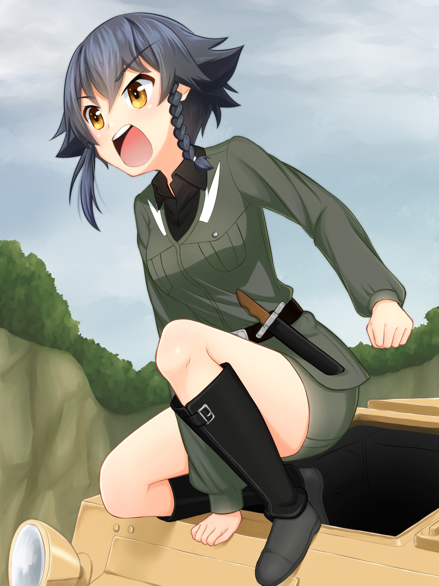 1girl anzio_military_uniform arm_support bangs belt black_belt black_footwear black_hair black_shirt boots braid brown_eyes carro_veloce_cv-33 clenched_hand clouds cloudy_sky commentary_request day dress_shirt eyebrows_visible_through_hair frown girls_und_panzer grey_jacket grey_skirt ground_vehicle highres jacket knife long_sleeves looking_to_the_side military military_uniform military_vehicle miniskirt motor_vehicle one_knee open_mouth outdoors overcast partial_commentary pencil_skirt pepperoni_(girls_und_panzer) ruka_(piyopiyopu) shirt short_hair shouting side_braid skirt sky solo tank uniform v-shaped_eyebrows wing_collar