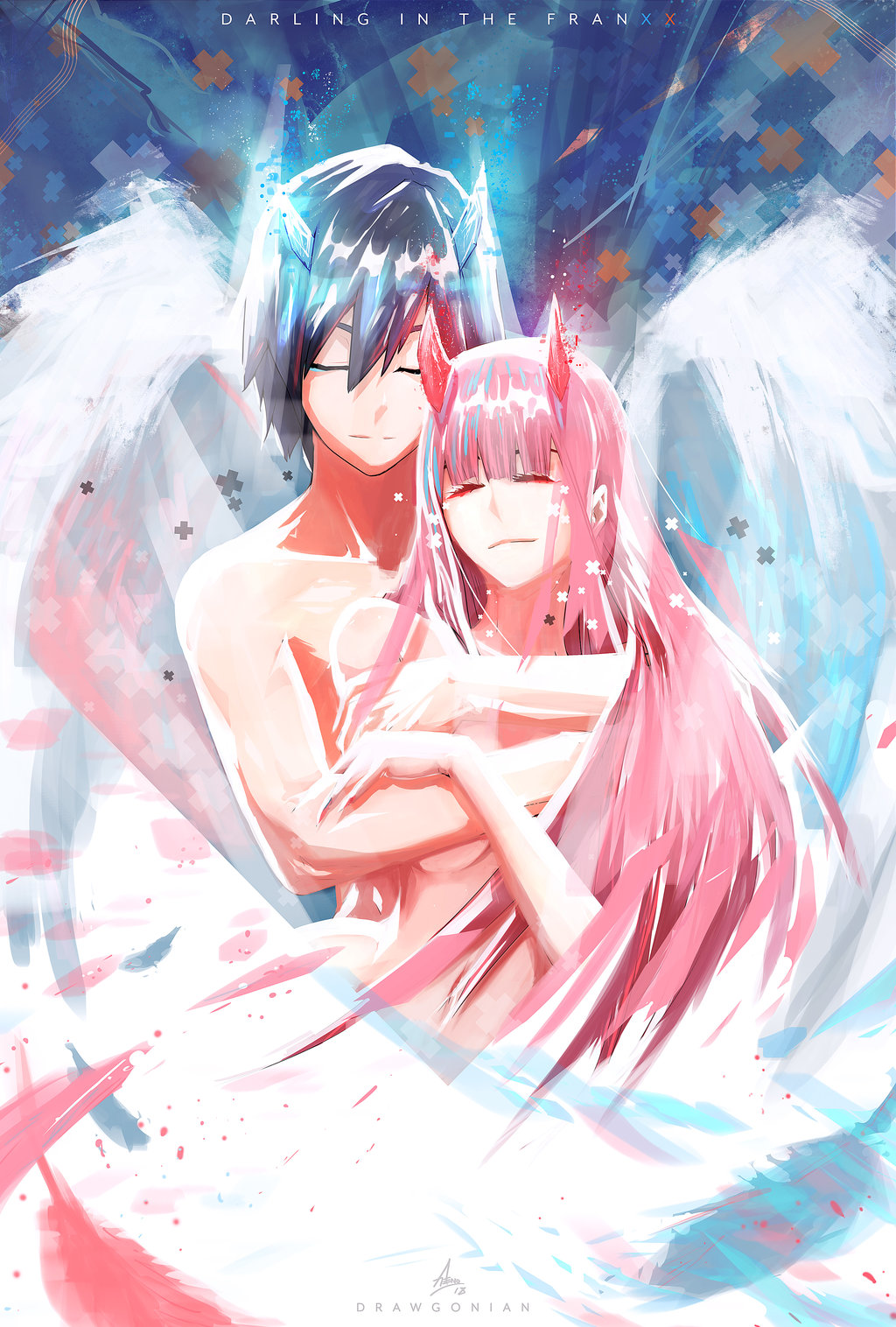 1boy 1girl artist_name bangs black_hair blue_horns closed_eyes collarbone commentary couple darling_in_the_franxx drawgonian english_commentary hand_on_another's_arm hetero highres hiro_(darling_in_the_franxx) horns hug hug_from_behind long_hair nude oni_horns pink_hair red_horns shirtless short_hair signature white_wings wings zero_two_(darling_in_the_franxx)